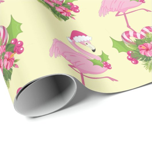 Rosa Flamingo in Weihnachtsmannmütze mit Candy Can Geschenkpapier (Rolleneckpunkt)