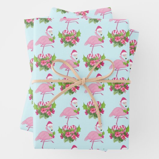 Rosa Flamingo in Weihnachtsmannmütze mit Candy Can Geschenkpapier Set (Beispiel)