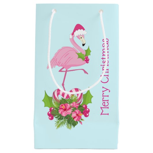 Rosa Flamingo in Weihnachtsmannmütze mit Candy Can Kleine Geschenktüte (Vorderseite)