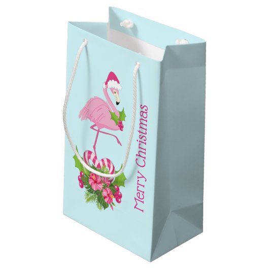 Rosa Flamingo in Weihnachtsmannmütze mit Candy Can Kleine Geschenktüte (Rückseite Schrägansicht)