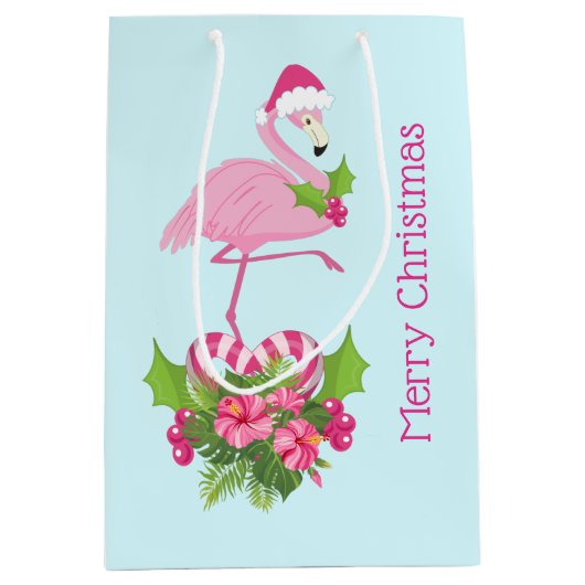 Rosa Flamingo in Weihnachtsmannmütze mit Candy Can Mittlere Geschenktüte (Vorderseite)