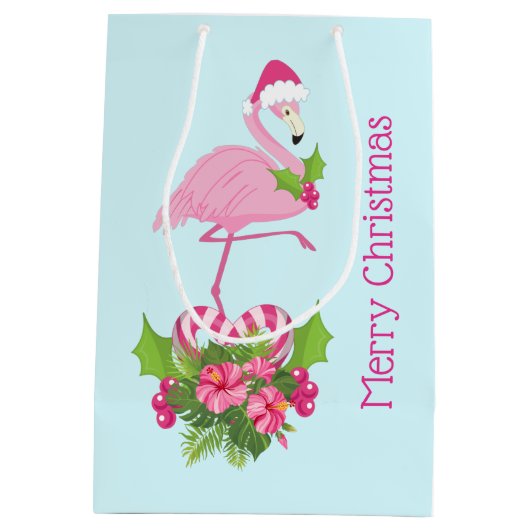 Rosa Flamingo in Weihnachtsmannmütze mit Candy Can Mittlere Geschenktüte (Rückseite)