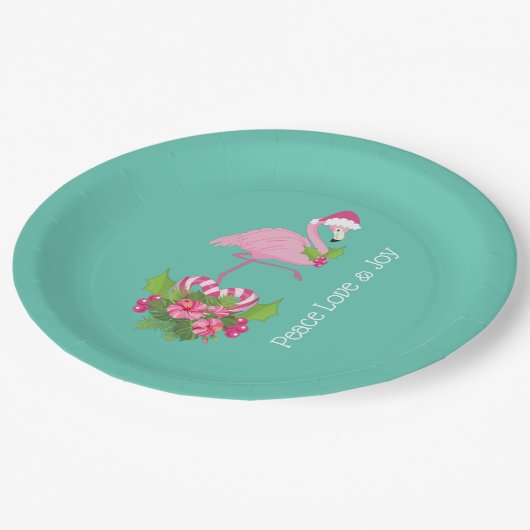 Rosa Flamingo in Weihnachtsmannmütze mit Candy Can Pappteller (Schrägansicht)
