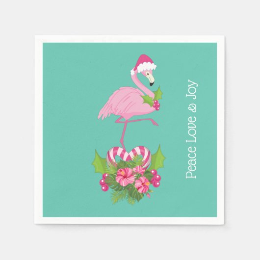 Rosa Flamingo in Weihnachtsmannmütze mit Candy Can Serviette (Vorderseite)