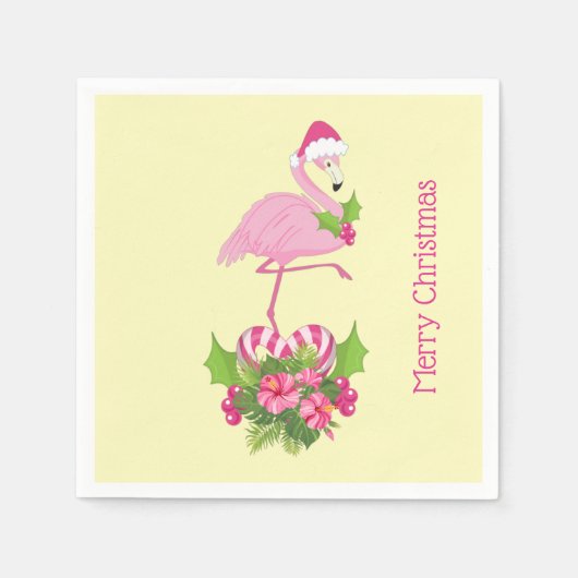 Rosa Flamingo in Weihnachtsmannmütze mit Candy Can Serviette (Vorderseite)