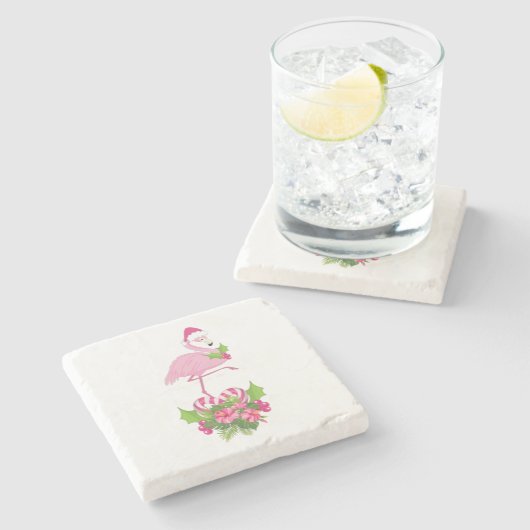 Rosa Flamingo in Weihnachtsmannmütze mit Candy Can Steinuntersetzer (Seitenansicht)