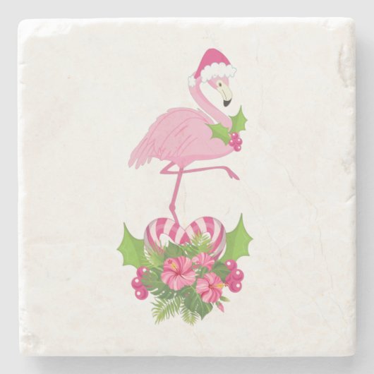 Rosa Flamingo in Weihnachtsmannmütze mit Candy Can Steinuntersetzer (Vorderseite)