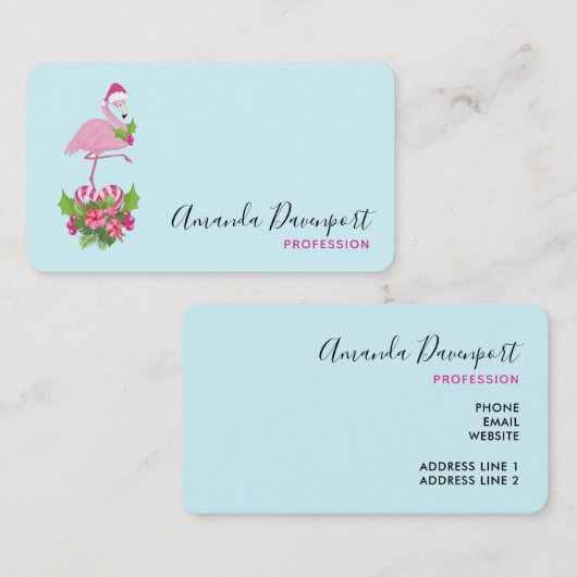 Rosa Flamingo in Weihnachtsmannmütze mit Candy Can Visitenkarte (Vorne/Hinten)