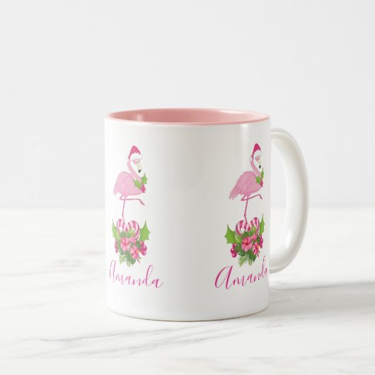 Rosa Flamingo in Weihnachtsmannmütze mit Candy Can Zweifarbige Tasse (VorderseiteRechts)