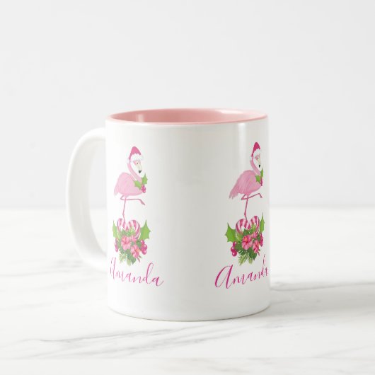 Rosa Flamingo in Weihnachtsmannmütze mit Candy Can Zweifarbige Tasse (Vorderseite Links)