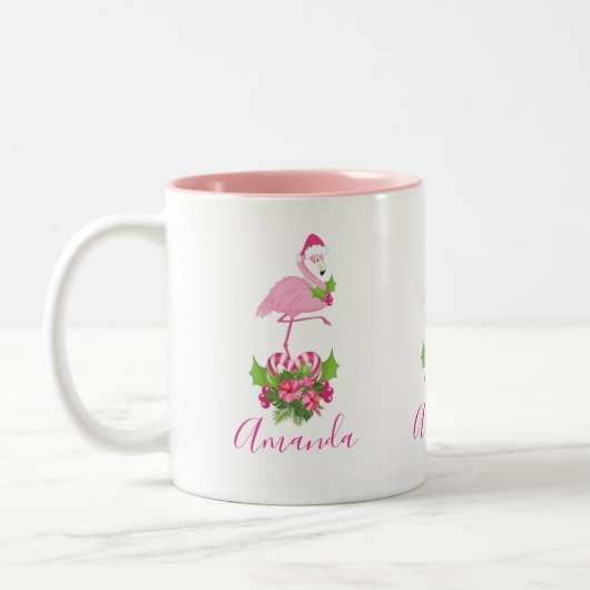 Rosa Flamingo in Weihnachtsmannmütze mit Candy Can Zweifarbige Tasse (Links)