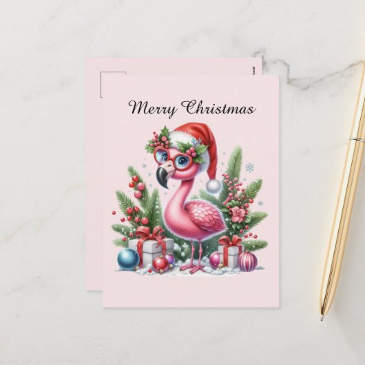 Rosa Flamingo individualisierbar Frohe Weihnachten (Vorderseite/Rückseite Beispiel)