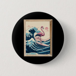 Rosa Flamingo Japanischer Große Welle Surfer - Lus Button