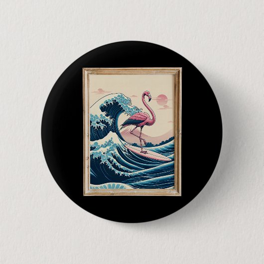 Rosa Flamingo Japanischer Große Welle Surfer - Lus Button (Vorderseite)