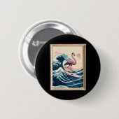 Rosa Flamingo Japanischer Große Welle Surfer - Lus Button (Vorne & Hinten)