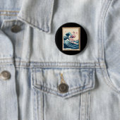 Rosa Flamingo Japanischer Große Welle Surfer - Lus Button (Beispiel)