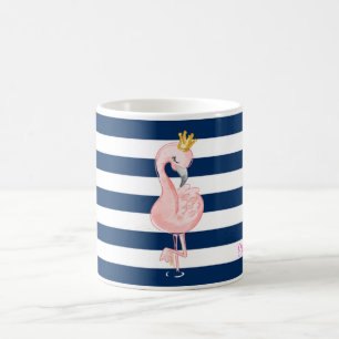 Rosa Flamingo, Krone Navyblaue Streifen Kaffeetasse