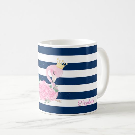 Rosa Flamingo, Krone, Rose Blaue Streifen Kaffeetasse (VorderseiteRechts)