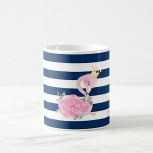 Rosa Flamingo,Krone,Rosen Marineblaue Streifen Kaffeetasse