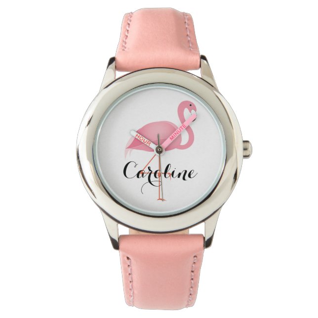 Rosa Flamingo-Mädchen-Uhr Armbanduhr (Vorderseite)
