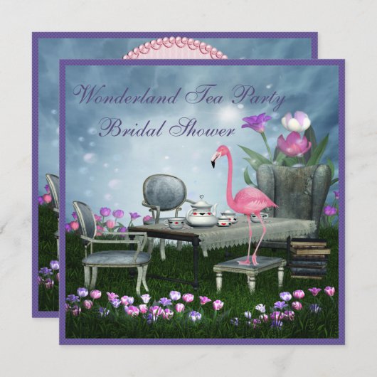 Rosa Flamingo-Märchenland-Tee-Party-Brautparty Einladung (Vorne/Hinten)