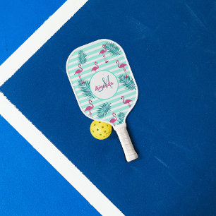 Rosa Flamingo Minze grüne Streifen Palmen Blätter Pickleball Schläger