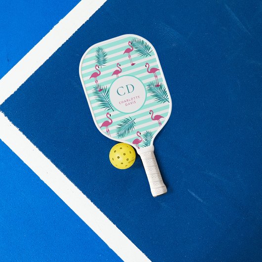Rosa Flamingo Minze grüne Streifen Palmen Blätter Pickleball Schläger