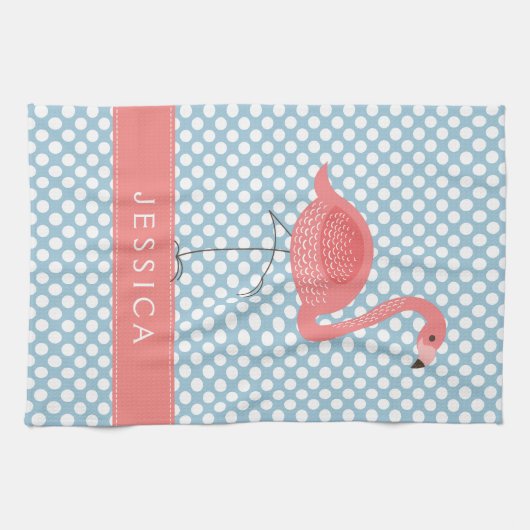 Rosa Flamingo mit blauem und weißem Punkt Handtuch (Horizontal)