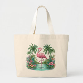 Rosa Flamingo mit Blume und Palmen Jumbo Stoffbeutel