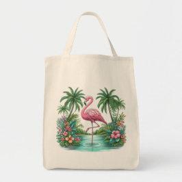Rosa Flamingo mit Blume und Palmen Tragetasche
