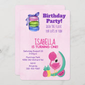 Rosa Flamingo mit Früchten & Macarons Geburtstagsp Einladung (Vorne/Hinten)