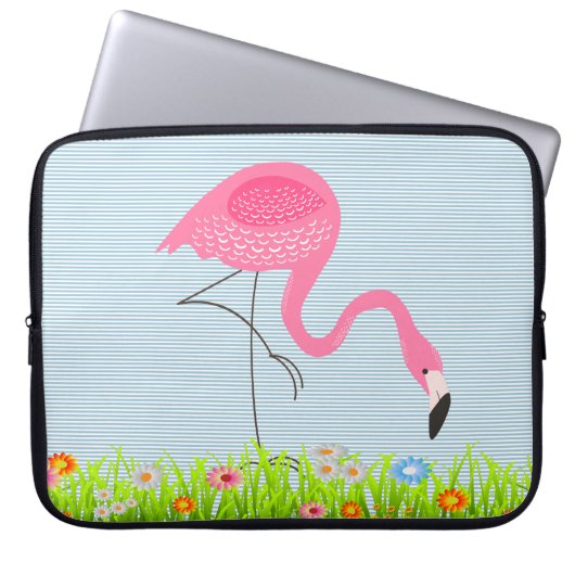 Rosa Flamingo mit Frühlingsblumen Laptopschutzhülle (Vorderseite)