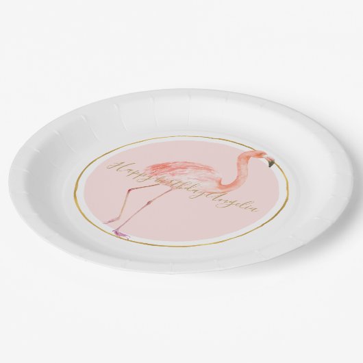 Rosa Flamingo mit Gold und Rahmen personalisiert Pappteller (Schrägansicht)