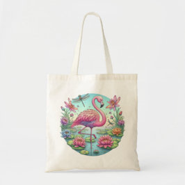 Rosa Flamingo mit Lotus und Libellen Tragetasche