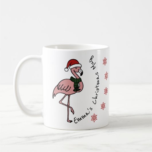 Rosa Flamingo mit personalisiertem Weihnachtsnamen Kaffeetasse (Links)