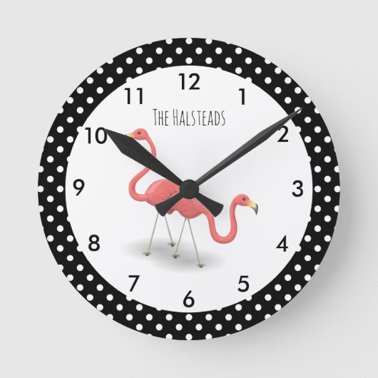 Rosa Flamingo mit schwarzen Polka Punkte Personali Runde Wanduhr (Vorderseite)