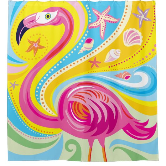 Rosa Flamingo mit Seestern Duschvorhang (Vorderseite)