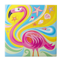 Rosa Flamingo mit Seestern Fliese