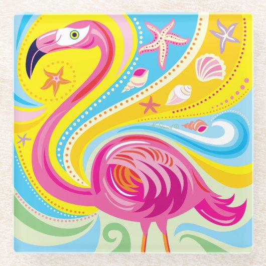 Rosa Flamingo mit Seestern Glasuntersetzer (Vorderseite)