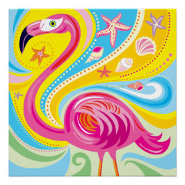 Rosa Flamingo mit Seestern Poster
