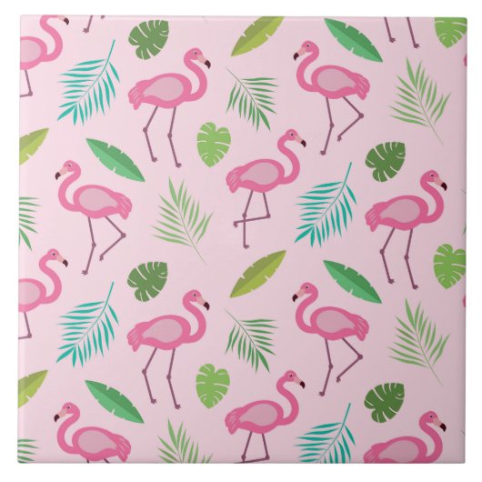 Rosa Flamingo mit tropischen Blätter Muster Fliese (Vorderseite)