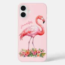 Rosa Flamingo mit tropischen Blumen