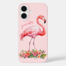 Rosa Flamingo mit tropischen Blumen
