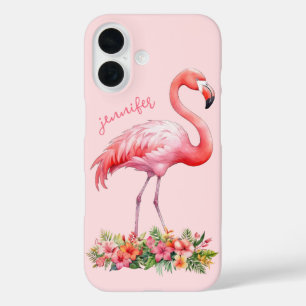 Rosa Flamingo mit tropischen Blumen iPhone 16 Hülle
