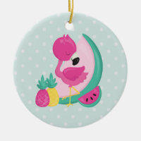 Rosa Flamingo mit tropischen Früchten auf Polka Do