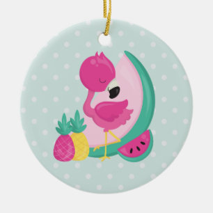 Rosa Flamingo mit tropischen Früchten auf Polka Do Keramik Ornament
