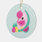 Rosa Flamingo mit tropischen Früchten auf Polka Do Keramik Ornament (Links)