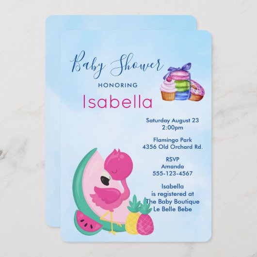 Rosa Flamingo mit tropischen Früchten Babydusche Einladung (Vorne/Hinten)
