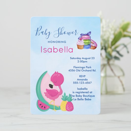Rosa Flamingo mit tropischen Früchten Babydusche Einladung (Stehend Vorderseite)