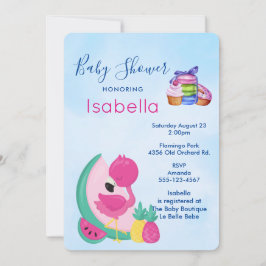 Rosa Flamingo mit tropischen Früchten Babydusche Einladung